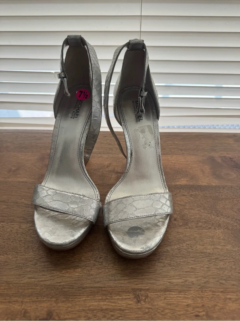 Michael Kors Silver Snakeskin-Pattern Ankle-Strap Stilettos